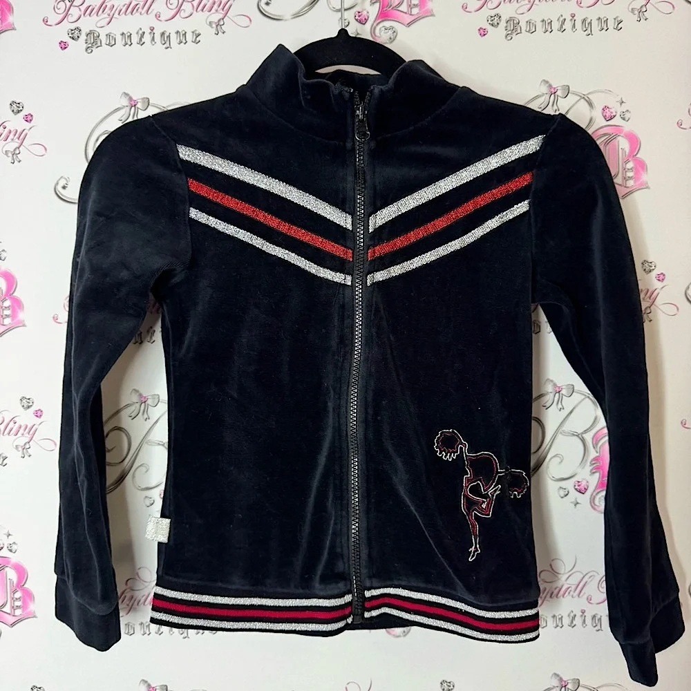 Kim possible sweater zip up Black Velour Jacket with Red and Silver Stripes - Picture 1 of 9